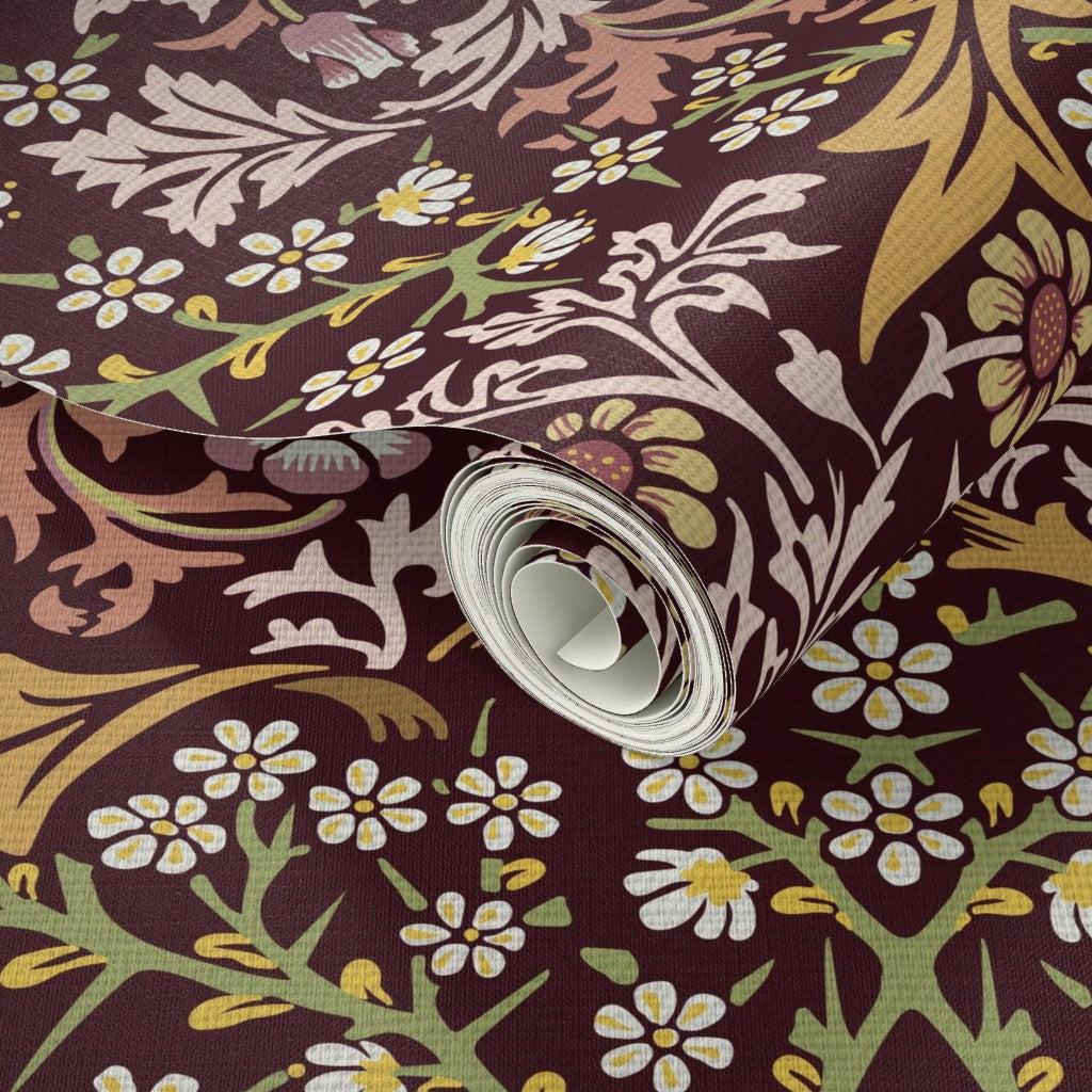 Close-up of William Morris Blackthorn wallpaper in maroon highlighting intricate floral details, vines, and classic Arts and Crafts pattern design.