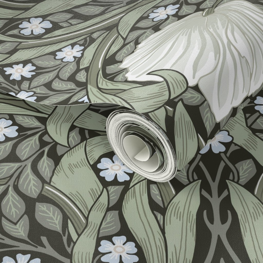 Close-up detail of William Morris Pimpernel wallpaper in Dreamy Sage, showing botanical flowers and vines.