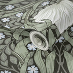 Close-up detail of William Morris Pimpernel wallpaper in Dreamy Sage, showing botanical flowers and vines.