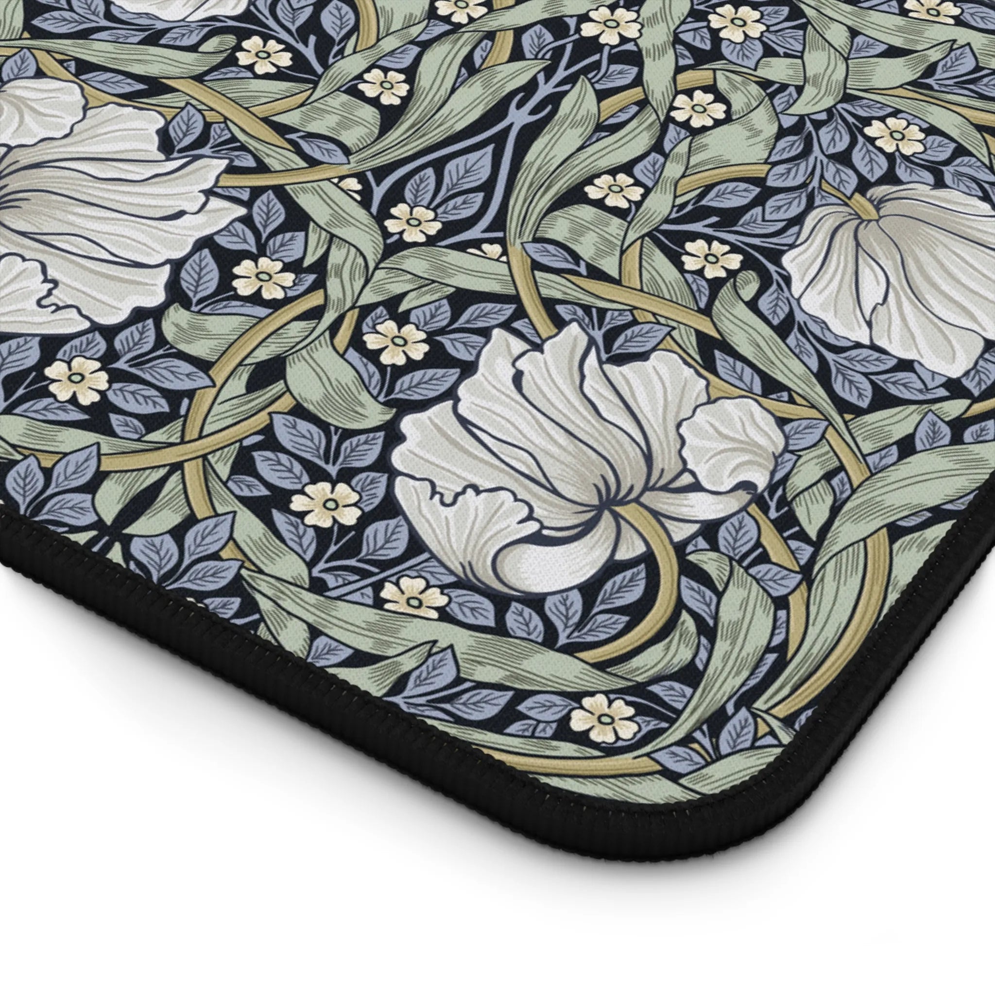Sage green and blue Pimpernel by William Morris mouse pad shown for close-up detail
