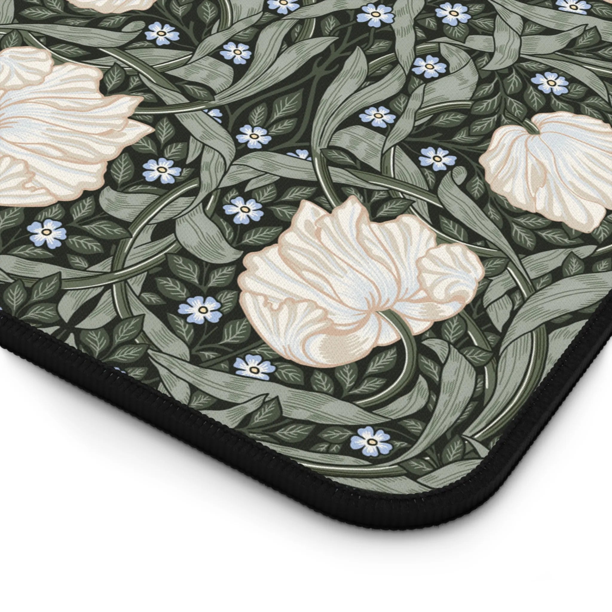 Deep sage green and cream Pimpernel by William Morris mouse pad shown for close-up detail