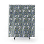William Morris shower curtain with floral Pimpernel pattern on a white background