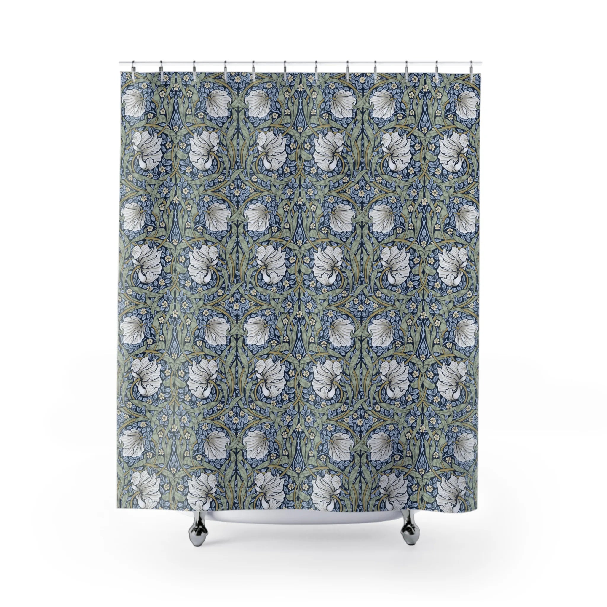 William Morris shower curtain with floral Pimpernel pattern on a white background