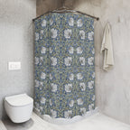 Bathroom with a William Morris Pimpernel shower curtain - floral-patterned grandmillennial shower curtain and a white toilet.