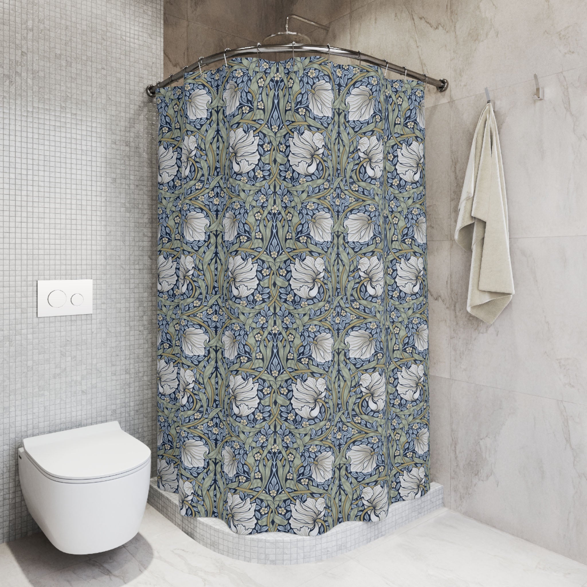 Bathroom with a William Morris Pimpernel shower curtain - floral-patterned grandmillennial shower curtain and a white toilet.