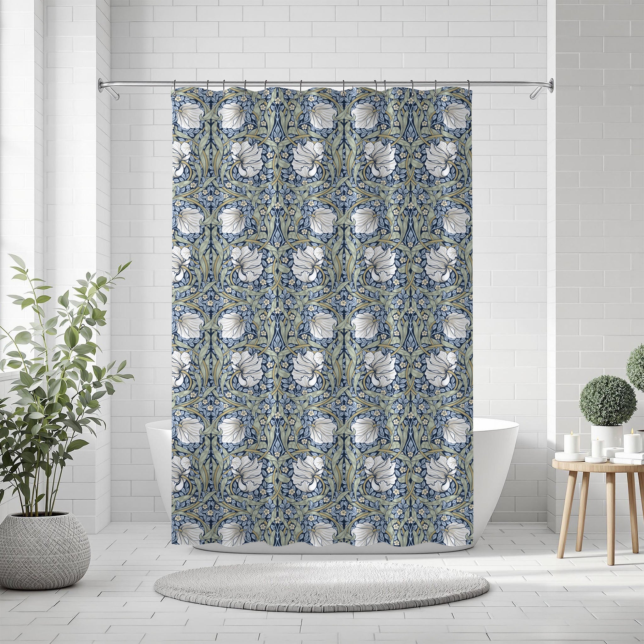William Morris Pimpernel shower curtain in a bathroom setting