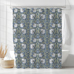William Morris shower curtain featuring an intricate Arts and Crafts botanical pattern styled in a modern bathroom, perfect for heritage revival and cottagecore decor.