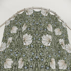 William Morris botanical shower curtain in a sage green colorway featuring intricate Arts and Crafts pattern for heritage revival and farmhouse bathroom decor.