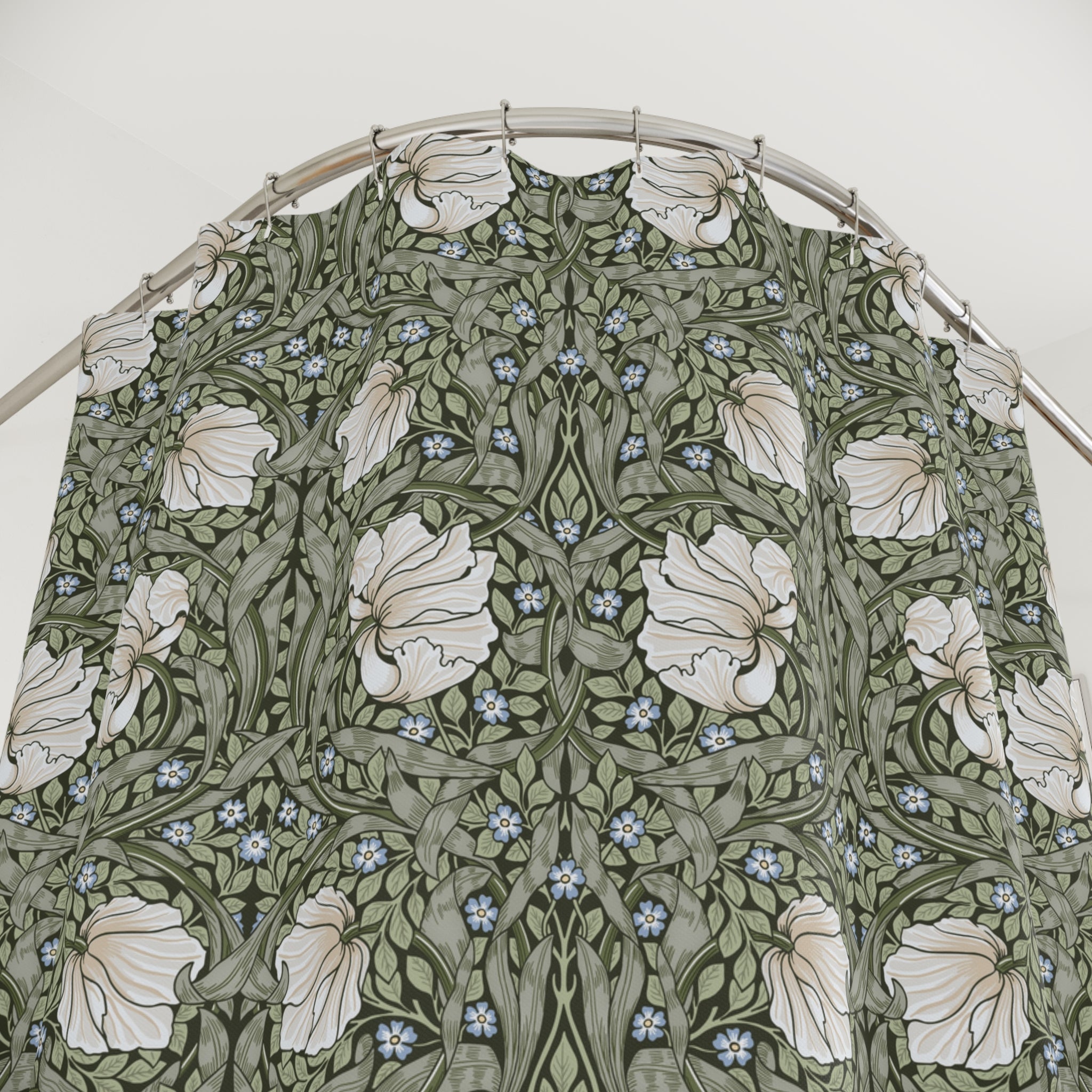 William Morris botanical shower curtain in a sage green colorway featuring intricate Arts and Crafts pattern for heritage revival and farmhouse bathroom decor.