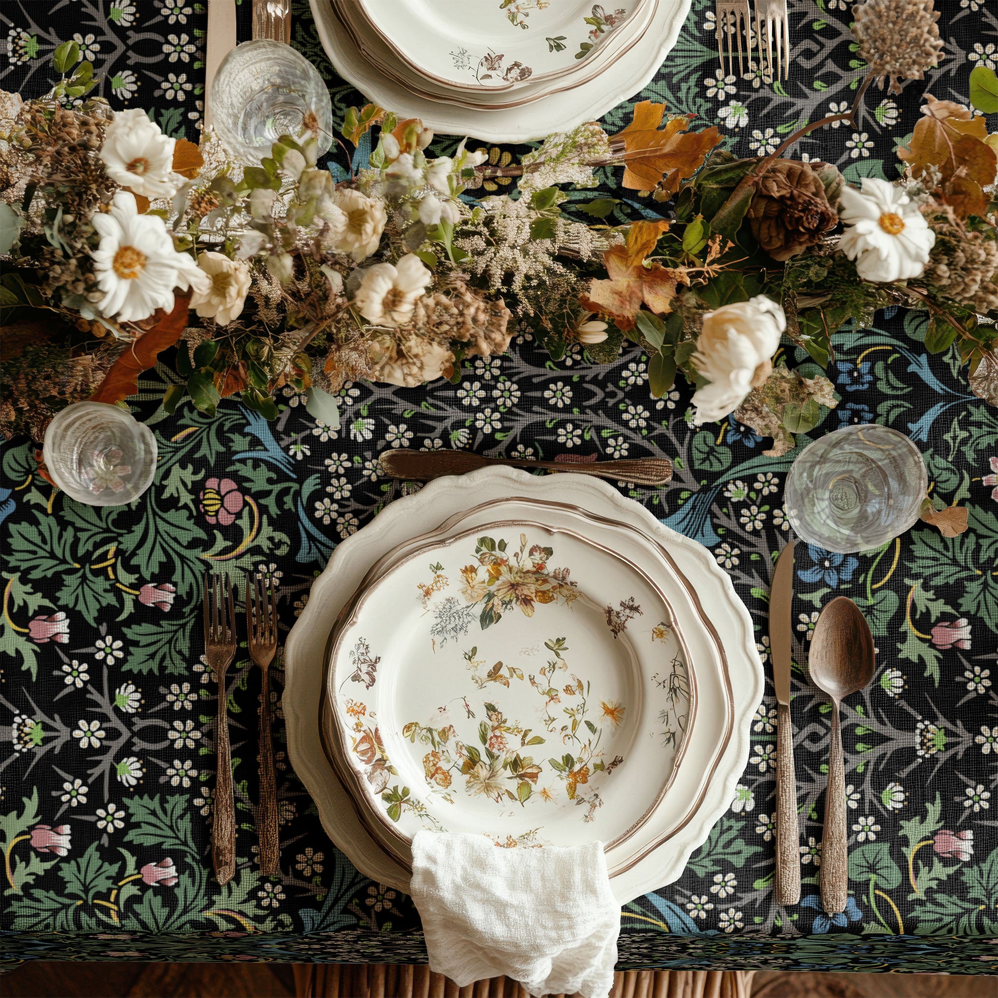 William Morris Tablecloth - BLACKTHORN in Sultry Olive