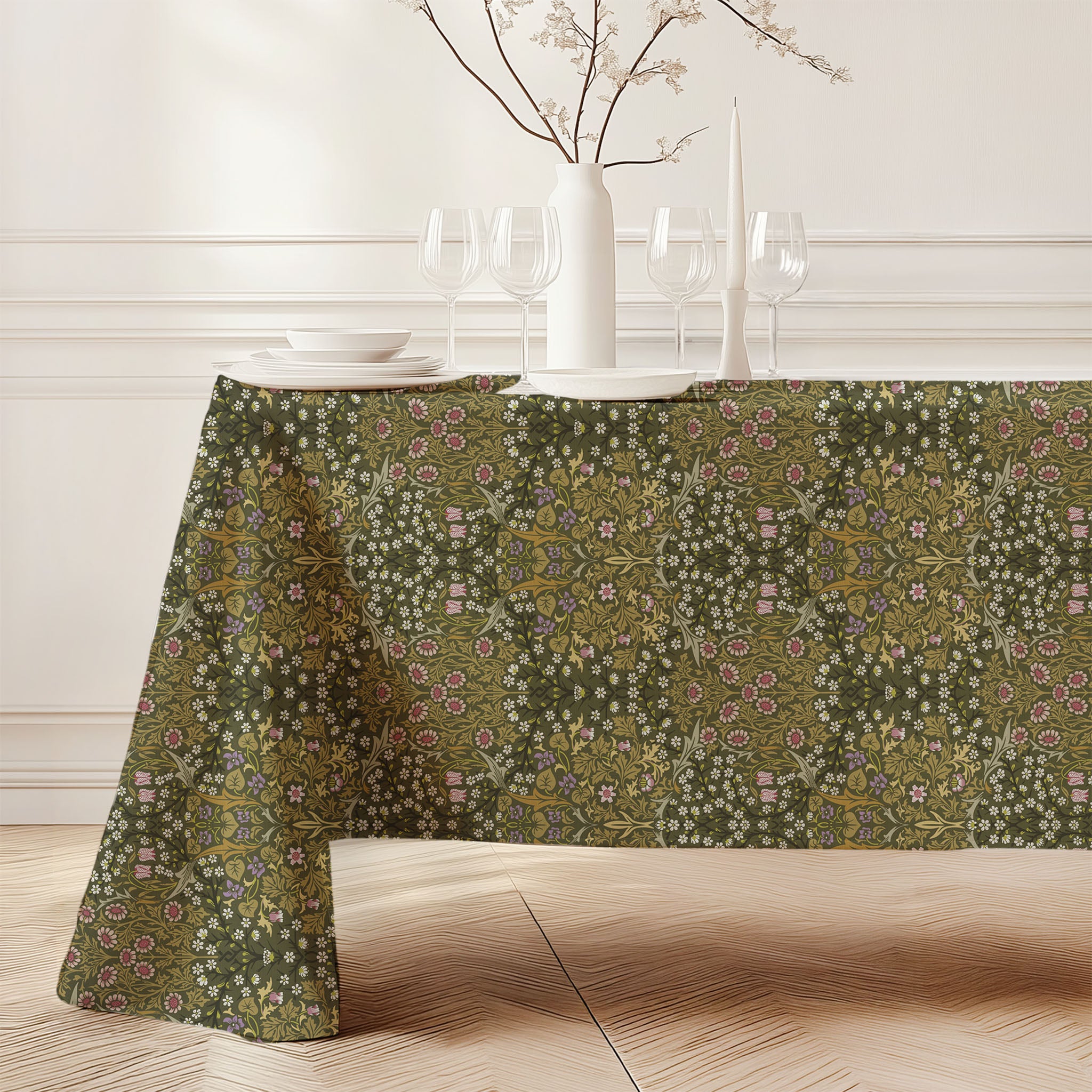 William Morris Blackthorn tablecloth in Sultry Olive Green featuring an intricate Arts and Crafts botanical pattern, styled for heritage revival dining tables and English country decor.