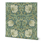 William Morris Pimpernel wallpaper in Heritage Green, featuring an intricate Arts and Crafts botanical pattern with flowing vines and stylized flowers, ideal for heritage revival decor.