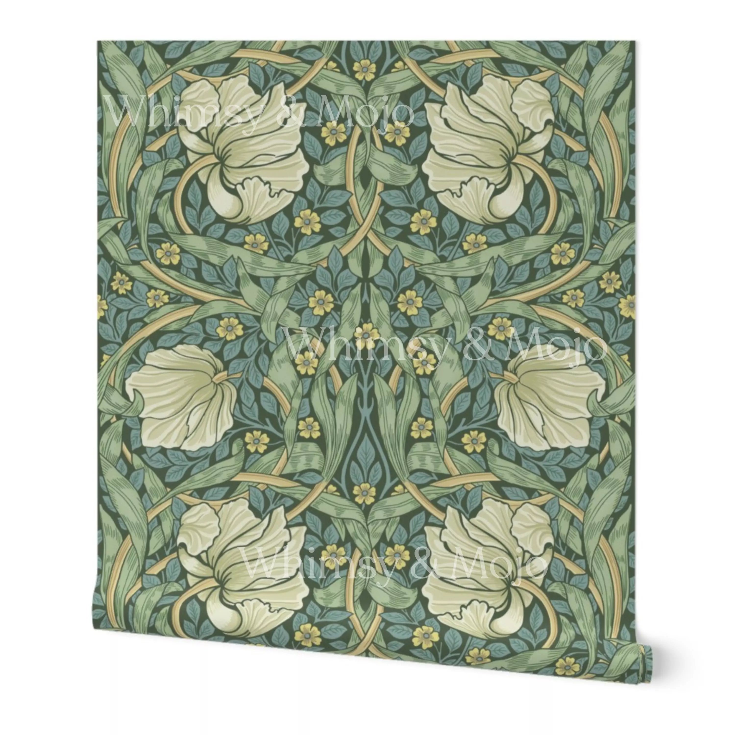 William Morris Pimpernel wallpaper in Heritage Green, featuring an intricate Arts and Crafts botanical pattern with flowing vines and stylized flowers, ideal for heritage revival decor.