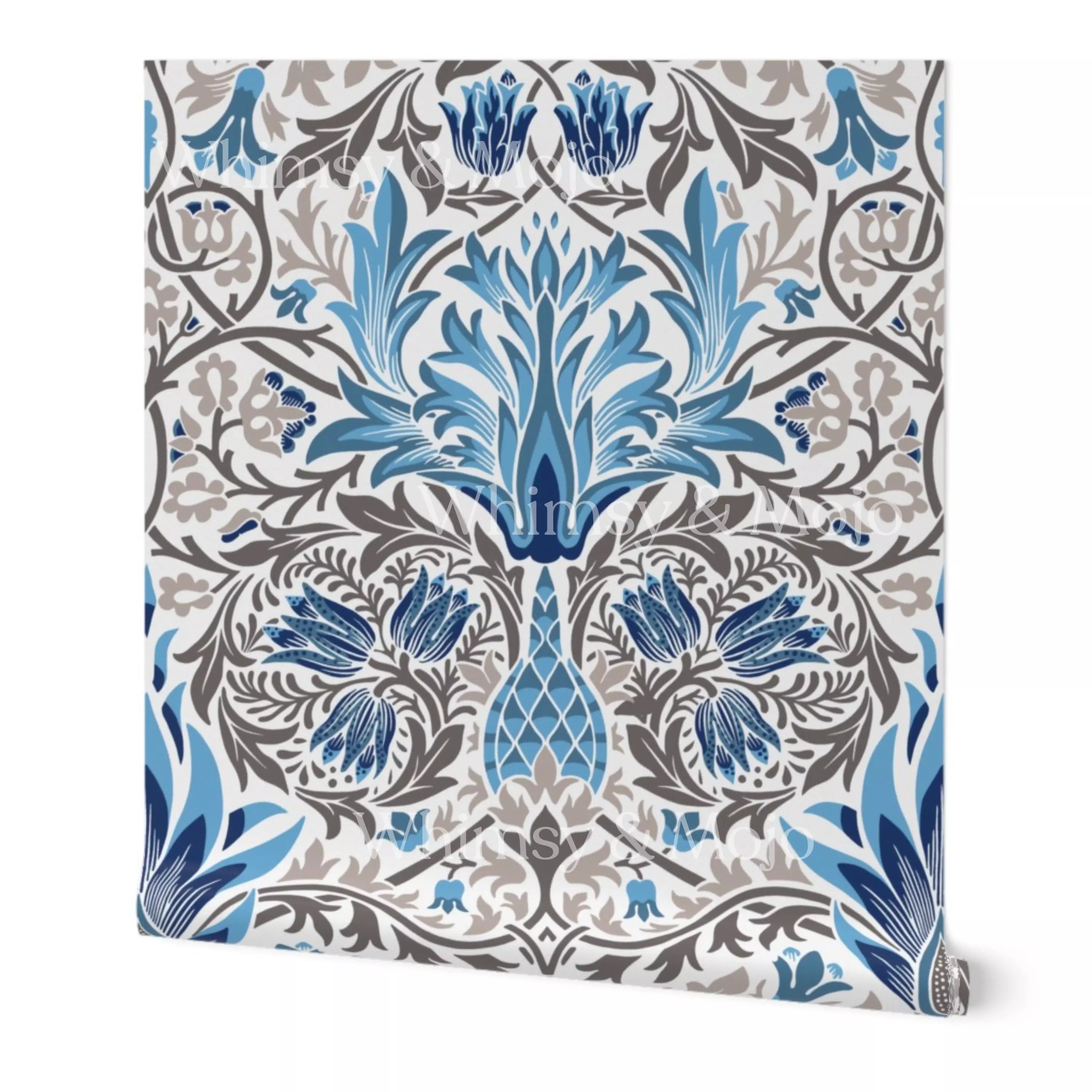 Wallpaper swatch of William Morris Snakeshead pattern, showing the botanical bird and vine motif up close for color and texture reference.