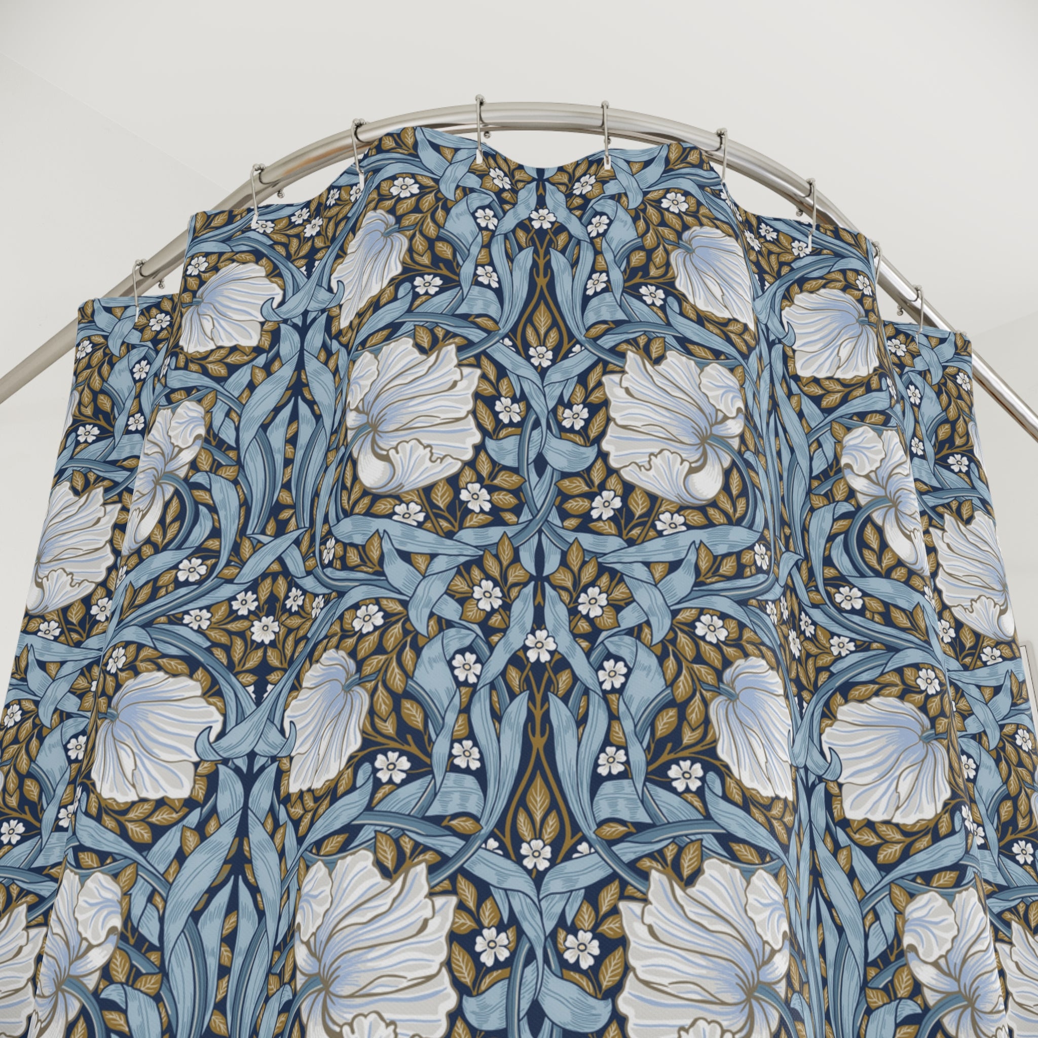 William Morris shower curtain featuring a detailed blue botanical pattern with classic Arts and Crafts design, perfect for cottagecore and traditional bathrooms.