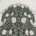 William Morris botanical shower curtain in a deep sage green colorway with flowing vines and floral motifs, ideal for heritage revival interiors.