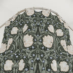 William Morris botanical shower curtain in a deep sage green colorway with flowing vines and floral motifs, ideal for heritage revival interiors.