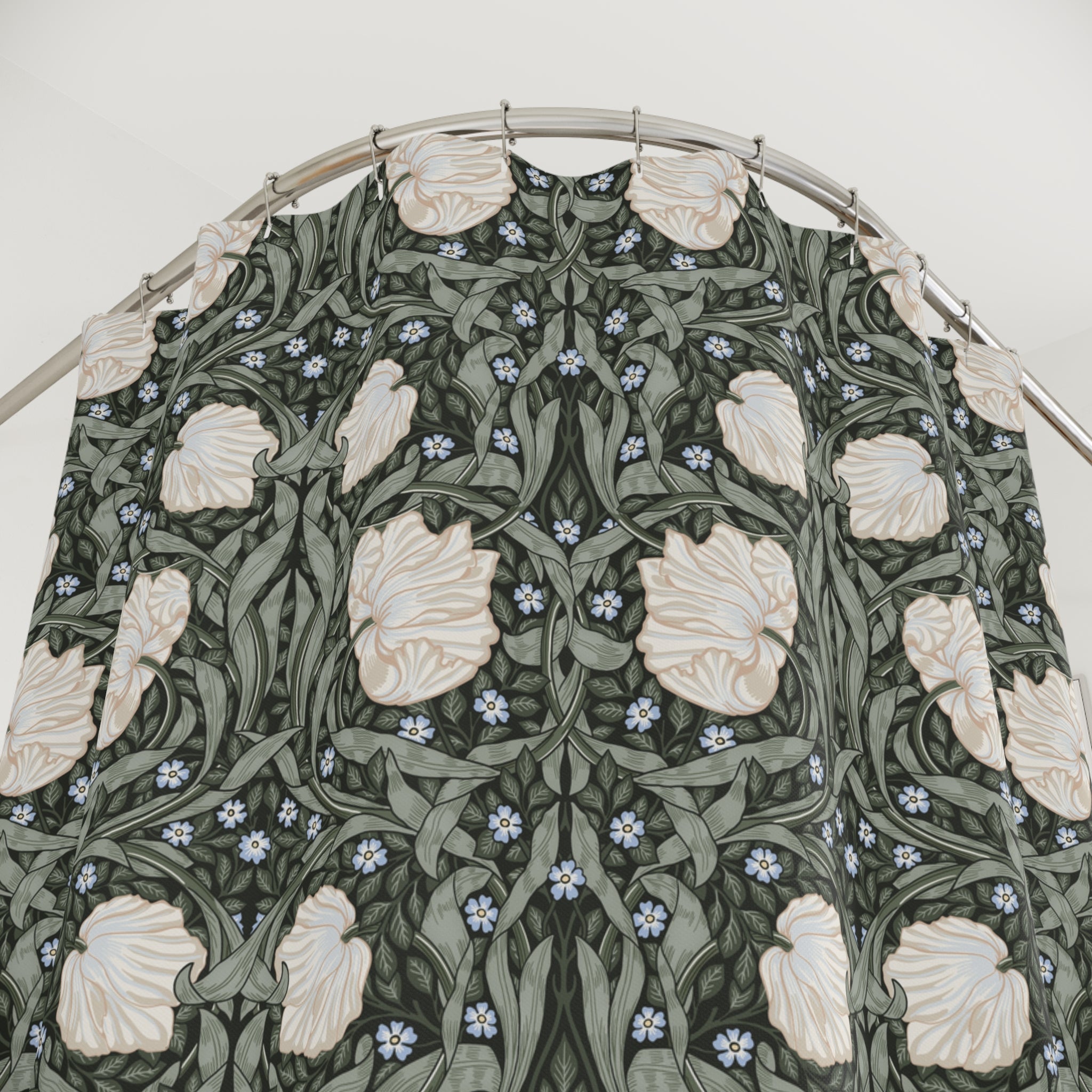 William Morris botanical shower curtain in a deep sage green colorway with flowing vines and floral motifs, ideal for heritage revival interiors.
