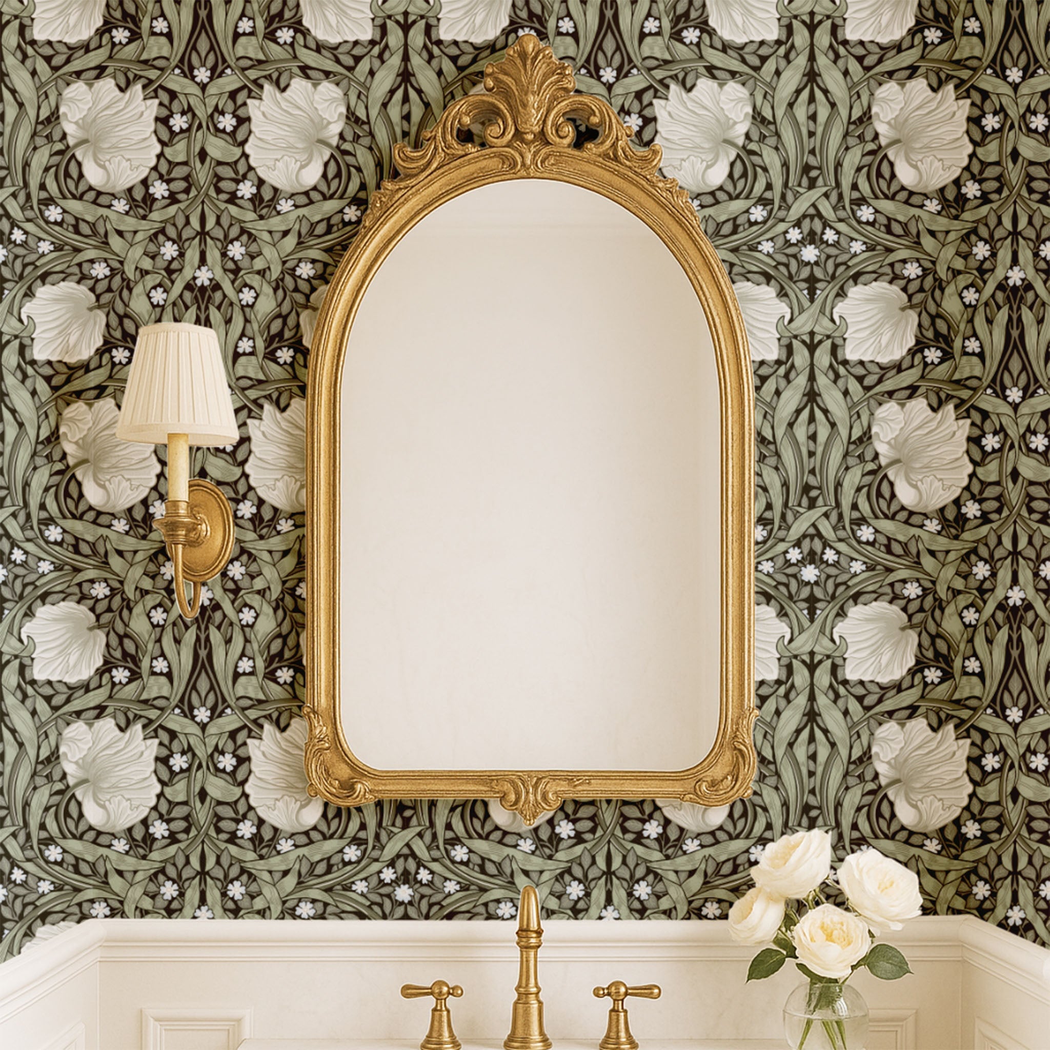 Bathroom with ornate mirror against William Morris Pimpernel wallpaper in Dreamy Sage.