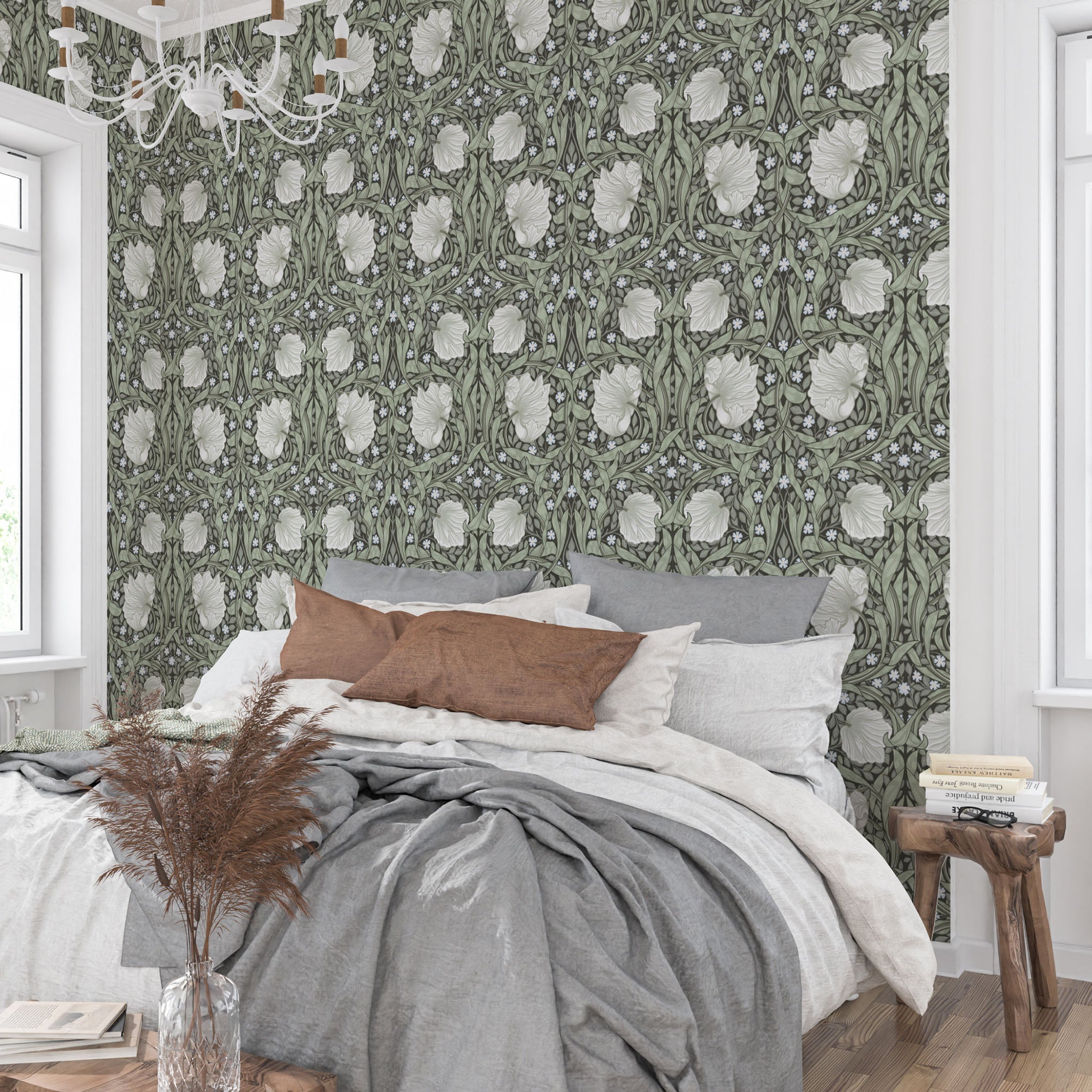 Bedroom styled with William Morris Pimpernel wallpaper in Dreamy Sage behind the bed.