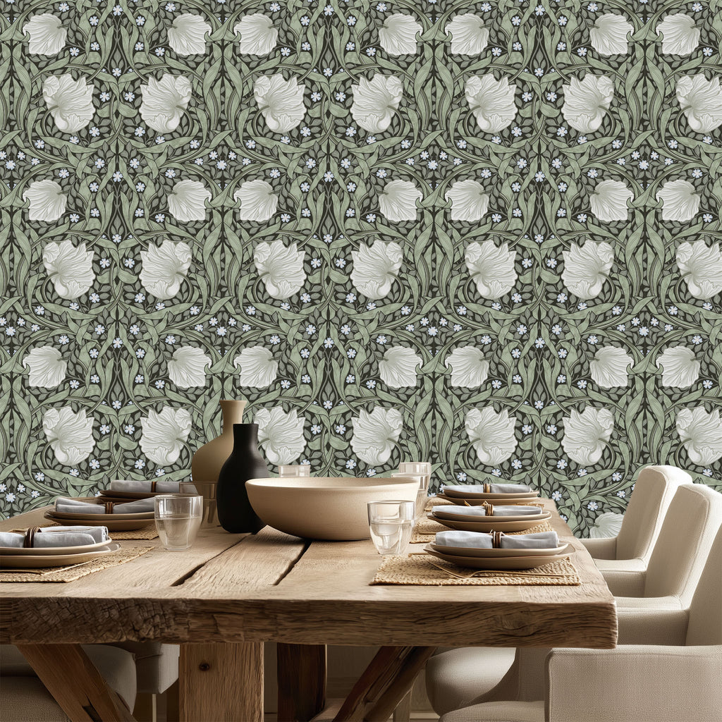 William Morris Pimpernel wallpaper styled in a dining room with wooden table and classic decor, showcasing the timeless Arts and Crafts botanical pattern in a heritage revival interior.