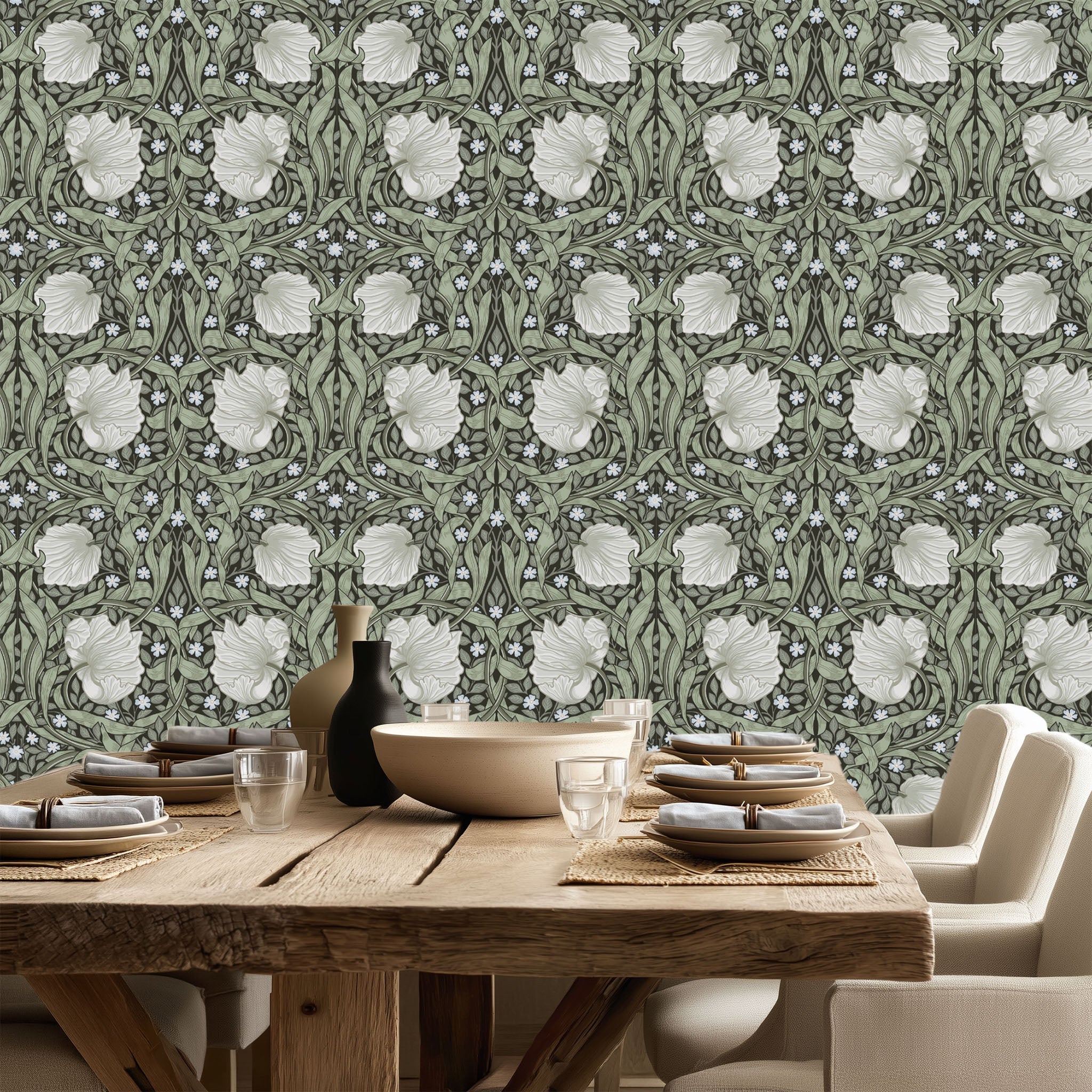 Dining room with wooden table and William Morris Pimpernel wallpaper in Dreamy Sage.