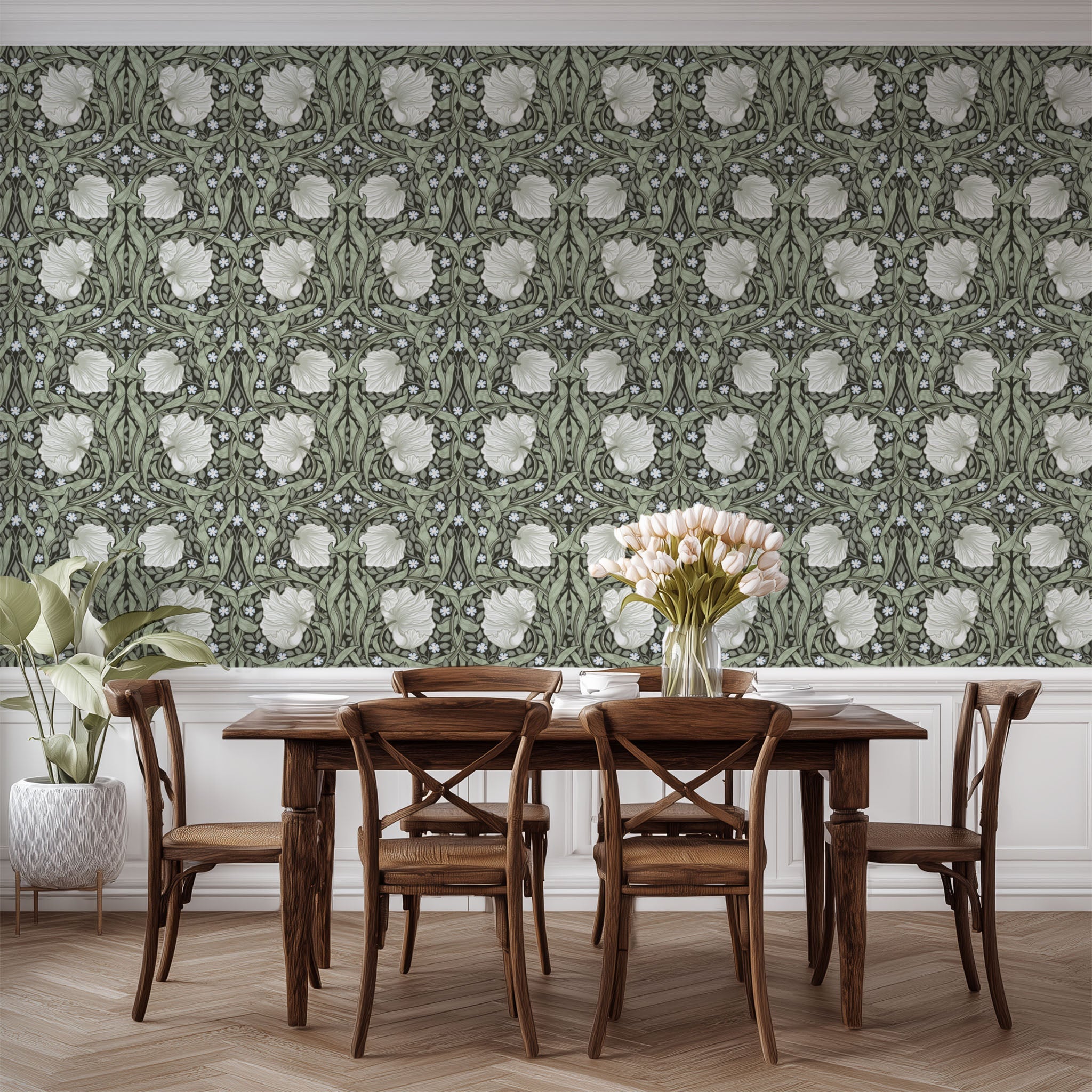 Dining space set against William Morris Pimpernel wallpaper in Dreamy Sage.