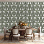 Dining room featuring William Morris Pimpernel wallpaper in Dreamy Sage as a full statement wall.