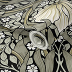 Close-up detail of William Morris Pimpernel wallpaper in Sage & Cream on Ebony, showing botanical flowers and vines.