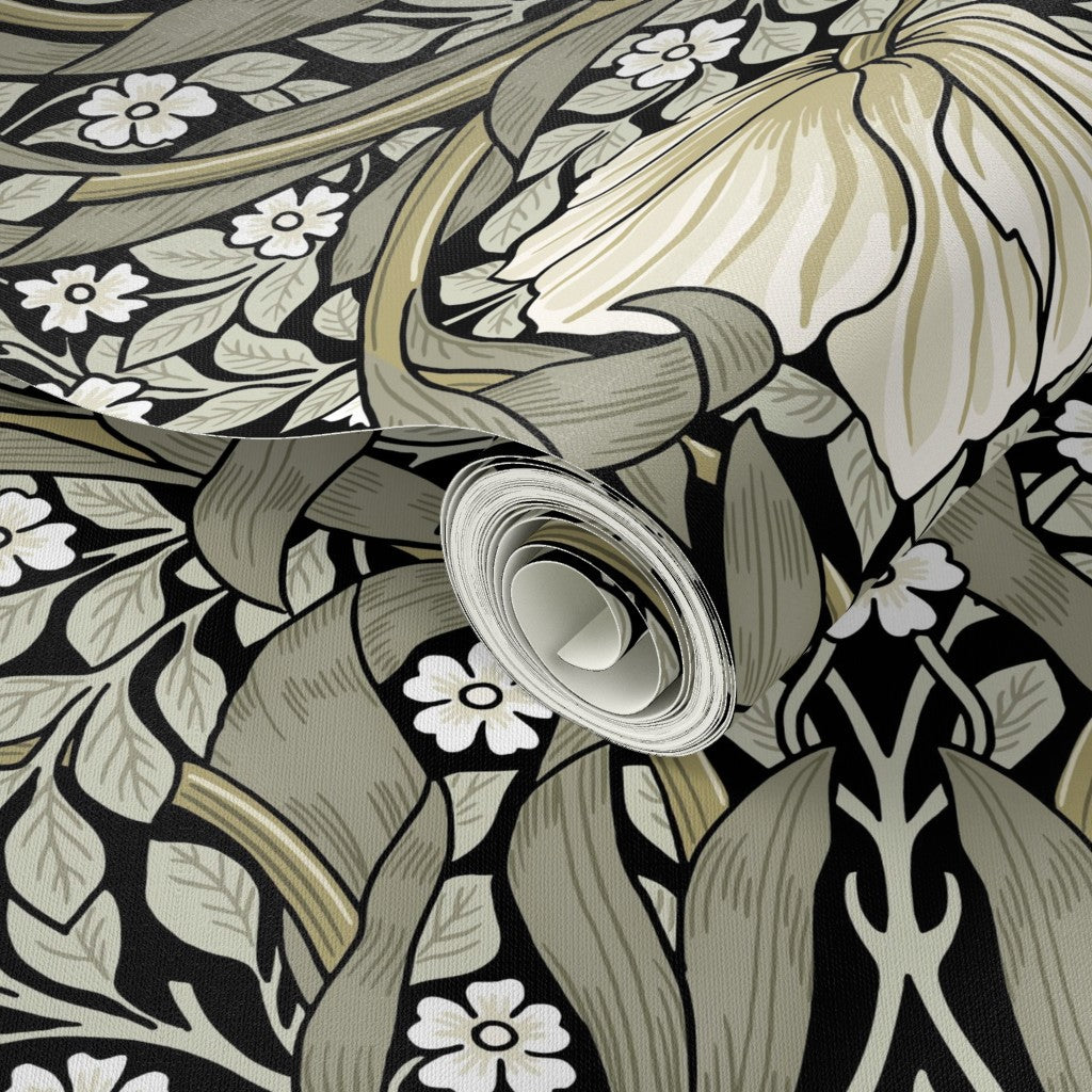 Close-up detail of William Morris Pimpernel wallpaper in Sage & Cream on Ebony, showing botanical flowers and vines.