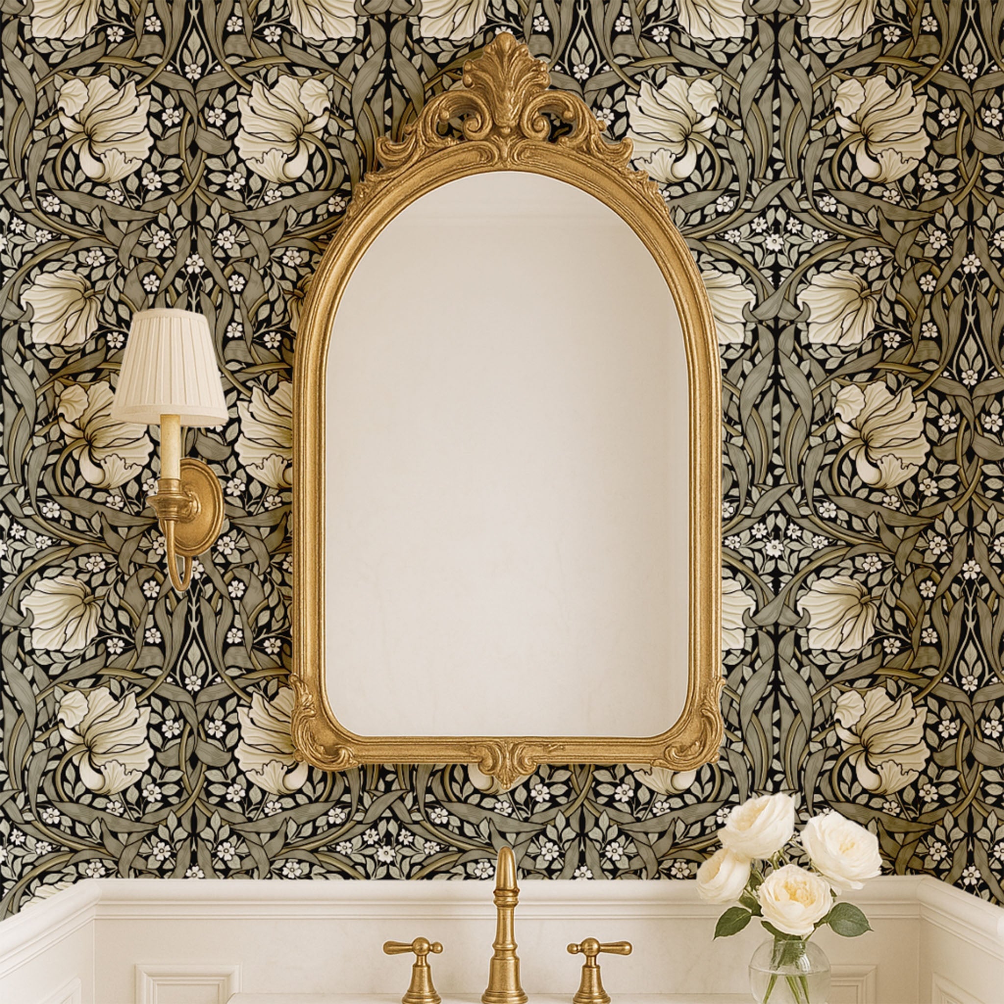 Bathroom with ornate mirror against William Morris Pimpernel wallpaper in Sage & Cream on Ebony.