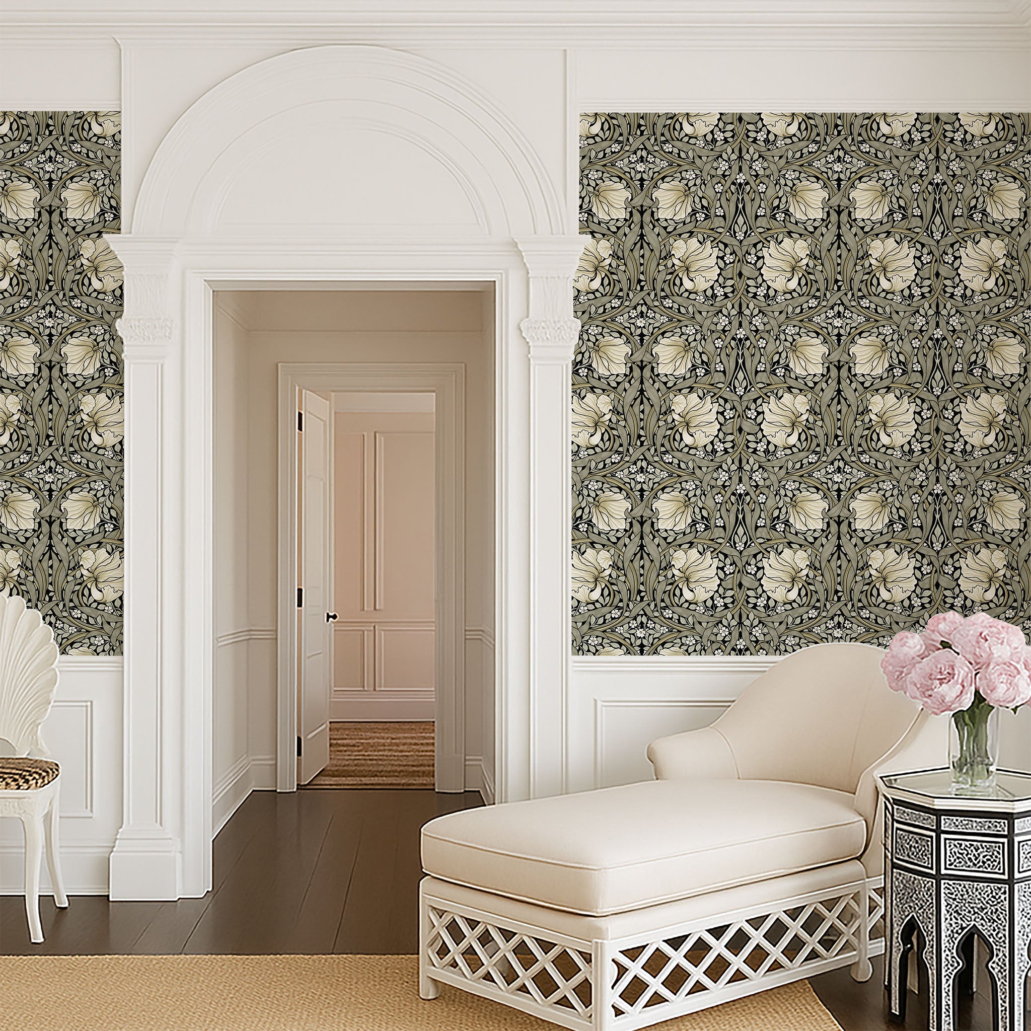 William Morris Pimpernel wallpaper in Sage & Cream on Ebony styled in an elegant hallway with arched doorway.