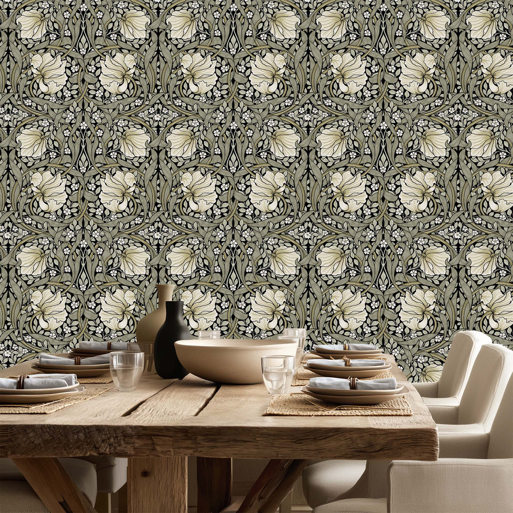 Dining room with wooden table and William Morris Pimpernel wallpaper in Sage & Cream on Ebony.