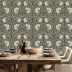 Dining room with wooden table and William Morris Pimpernel wallpaper in Sage & Cream on Ebony.