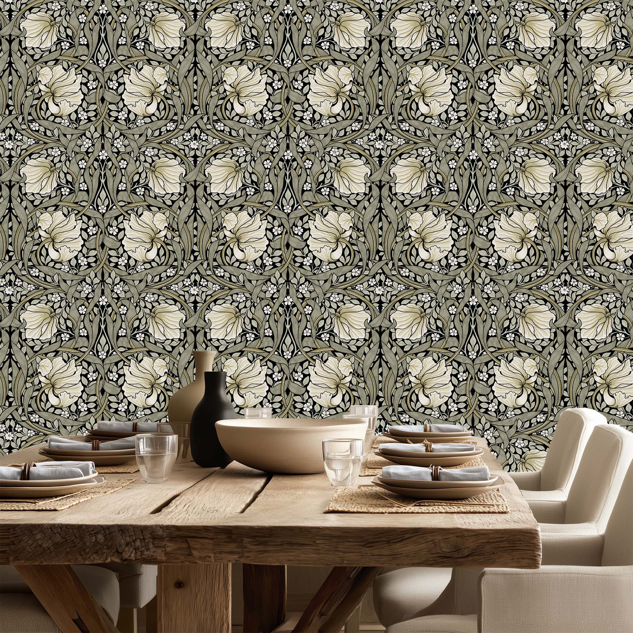 Dining room with wooden table and William Morris Pimpernel wallpaper in Sage & Cream on Ebony.