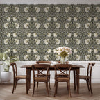 Dining room featuring William Morris Pimpernel wallpaper in Sage & Cream on Ebony as a full statement wall.