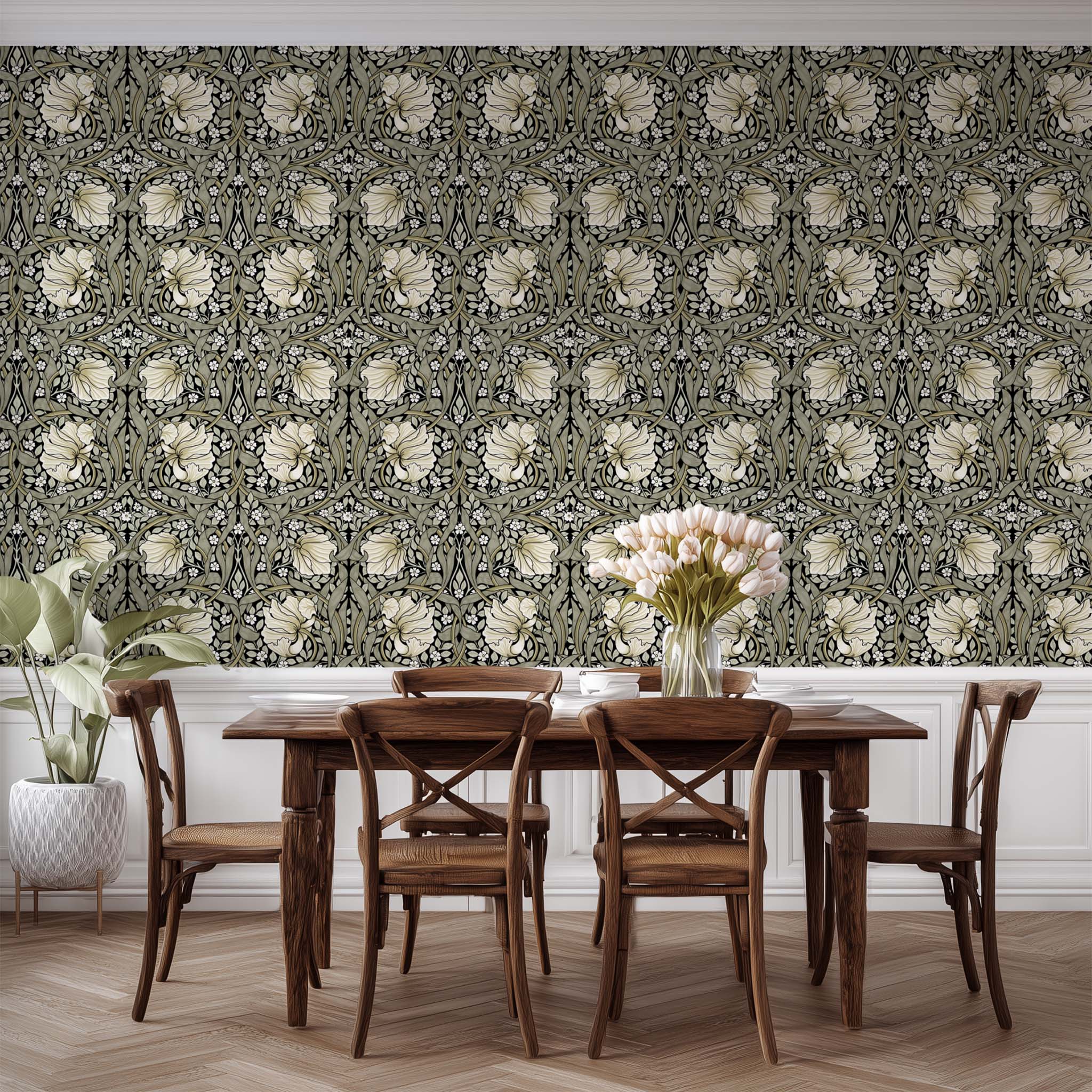 Dining room featuring William Morris Pimpernel wallpaper in Sage & Cream on Ebony as a full statement wall.