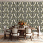 Dining space set against William Morris Pimpernel wallpaper in Sage & Cream on Ebony.