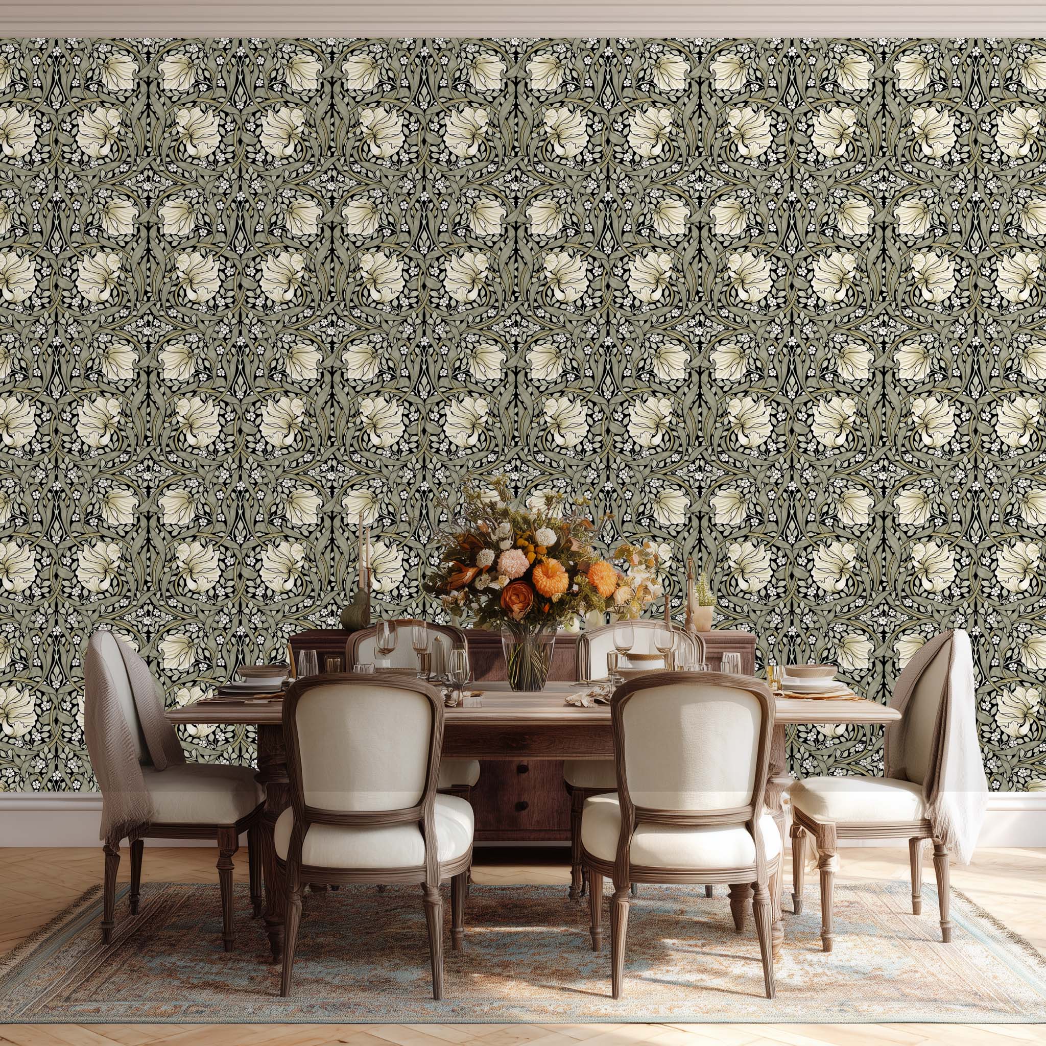 Dining space set against William Morris Pimpernel wallpaper in Sage & Cream on Ebony.