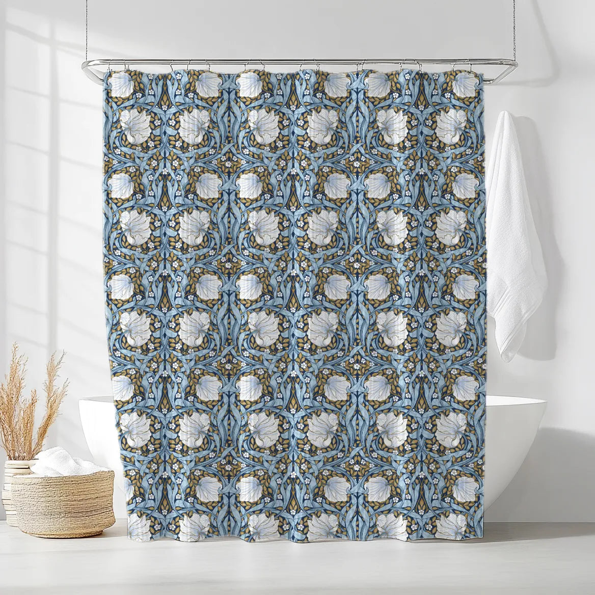 William Morris shower curtain with a blue and white Pimpernel floral pattern in a bathroom setting