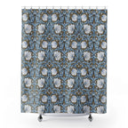William Morris shower curtain with a blue and white Pimpernel floral pattern on a white background