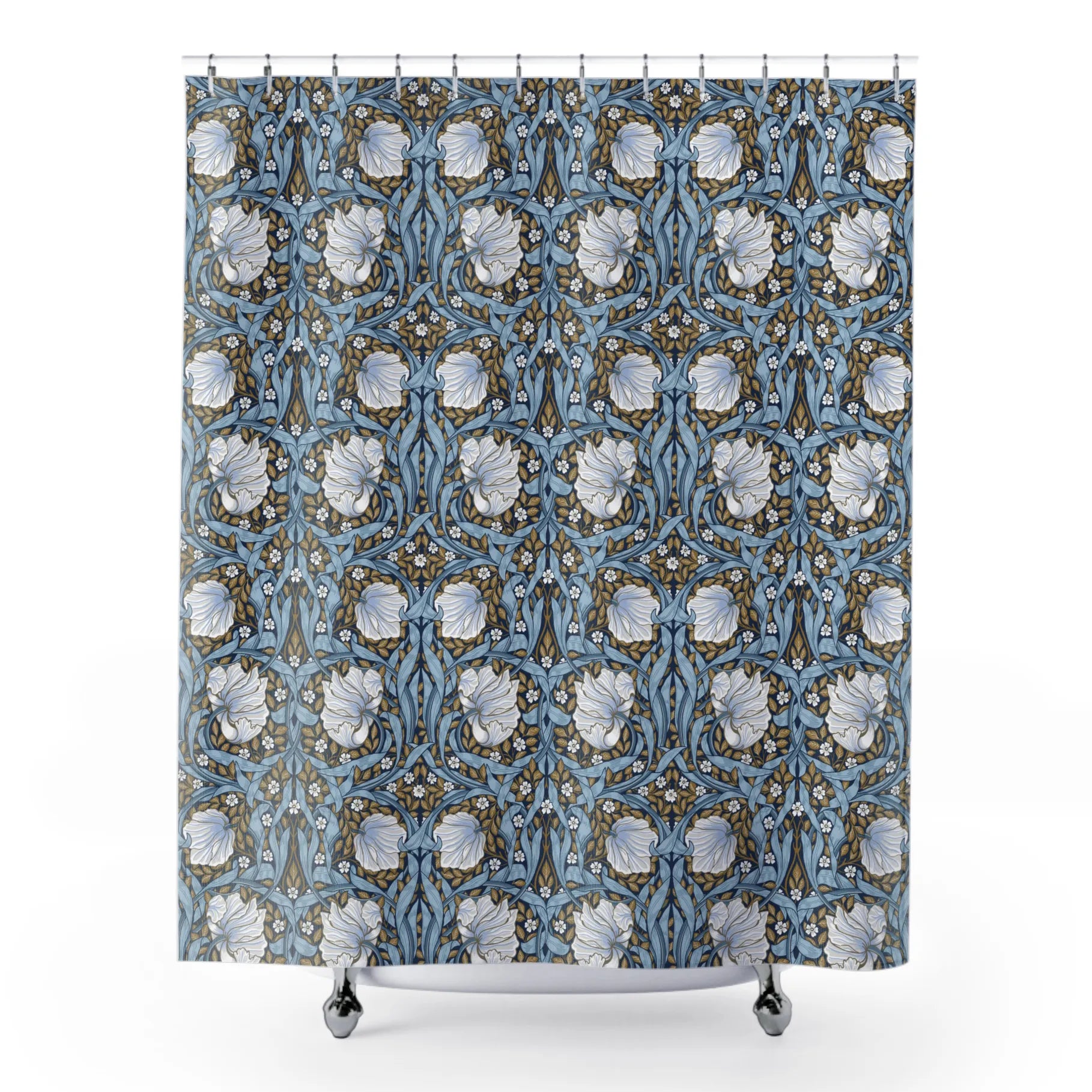 William Morris shower curtain with a blue and white Pimpernel floral pattern on a white background
