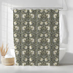 William Morris shower curtain featuring an intricate Arts and Crafts botanical pattern Pimpernel in sage and cream on ebony black, styled in a modern bathroom, perfect for heritage revival and cottagecore decor.