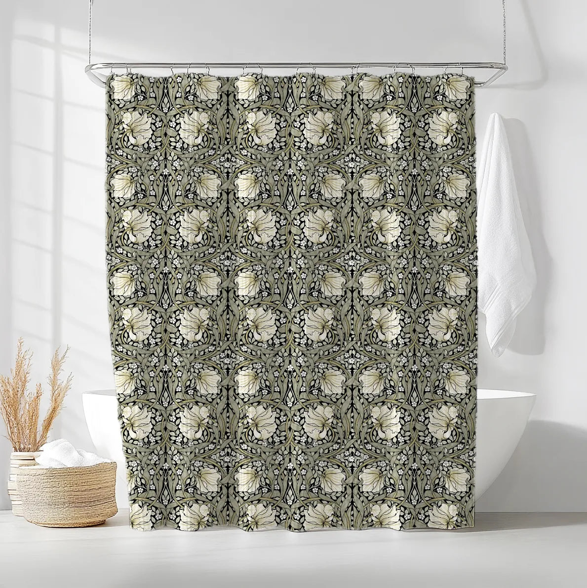 William Morris shower curtain featuring an intricate Arts and Crafts botanical pattern Pimpernel in sage and cream on ebony black, styled in a modern bathroom, perfect for heritage revival and cottagecore decor.