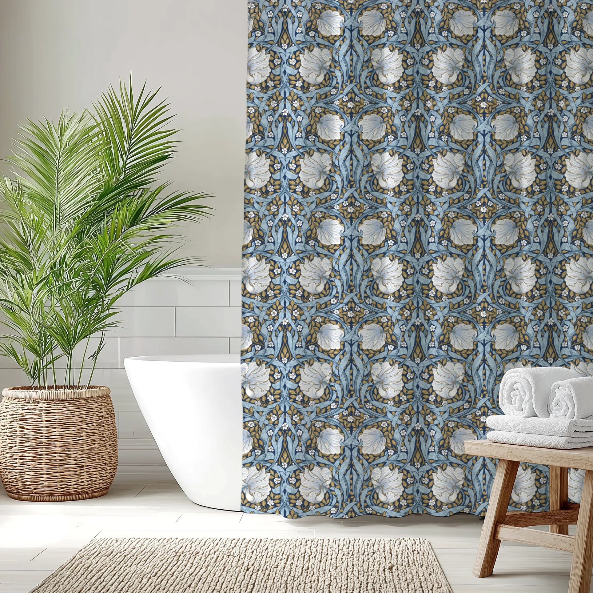 Bathroom with a William Morris shower curtain in Blue and Gold Pimpernel, white bathtub, and decorative elements.