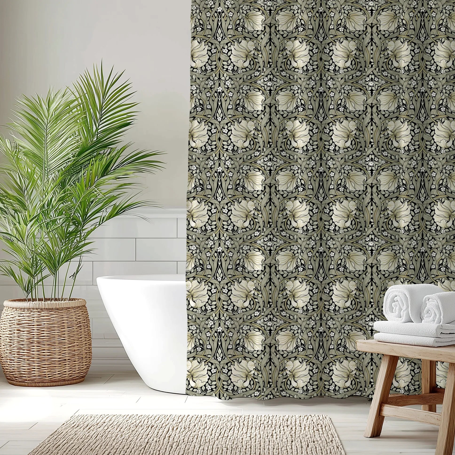 Bathroom with a classic William Morris shower curtain in sage and cream on ebony, a plant, and towels.