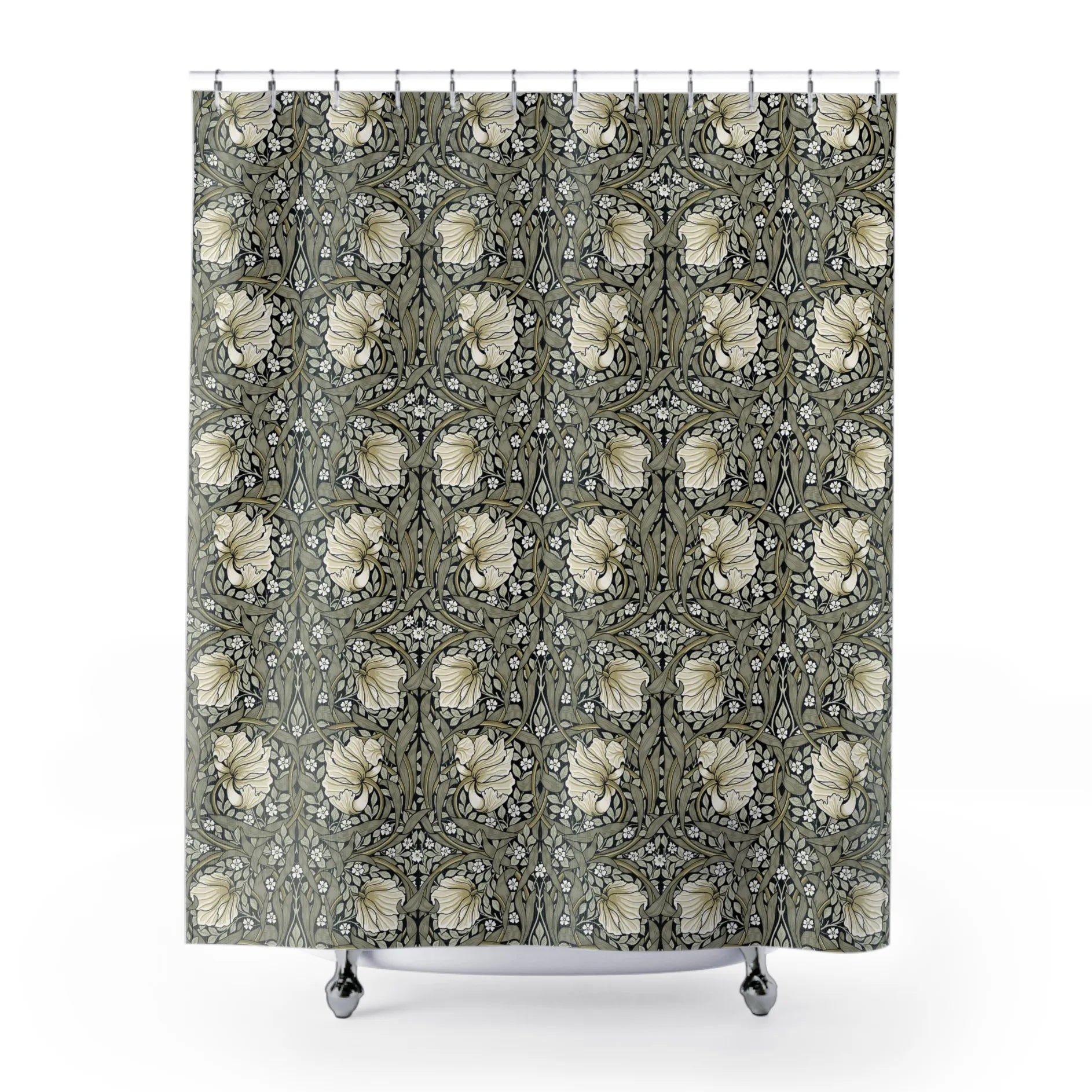 William Morris shower curtain with floral Pimpernel pattern on a white background