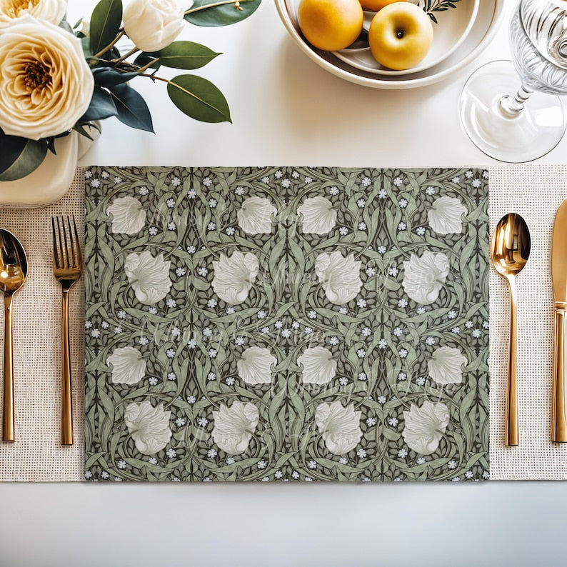 Close-up of the Pimpernel floral pattern in Sage Green on cotton twill placemat
