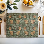 Close-up of the Pimpernel floral pattern on sage green cotton twill placemat