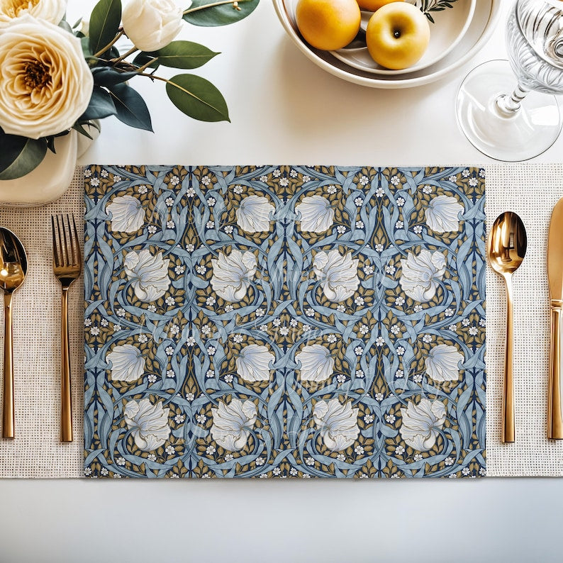 Close-up of the Pimpernel floral pattern in Dusty Blue on cotton twill placemat
